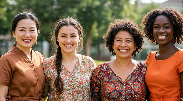 Four diverse women smiling together