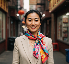 Asian woman in professional attire with colorful scarf