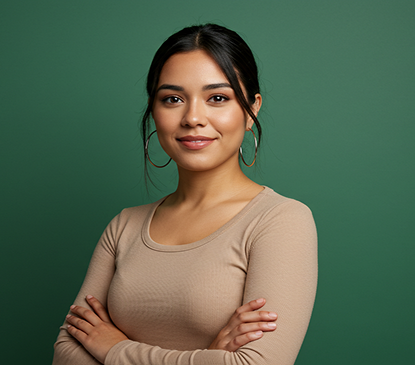 Woman in beige top with arms crossed