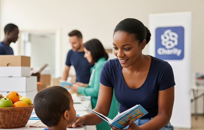 Woman reading to child in charity setting